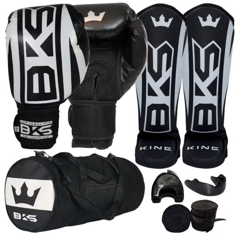 Luva De Boxe Muay Thai Kickboxing + Caneleiras Muay Thai + Bandagens + Bucal + Case + Bolsa KIT BKS