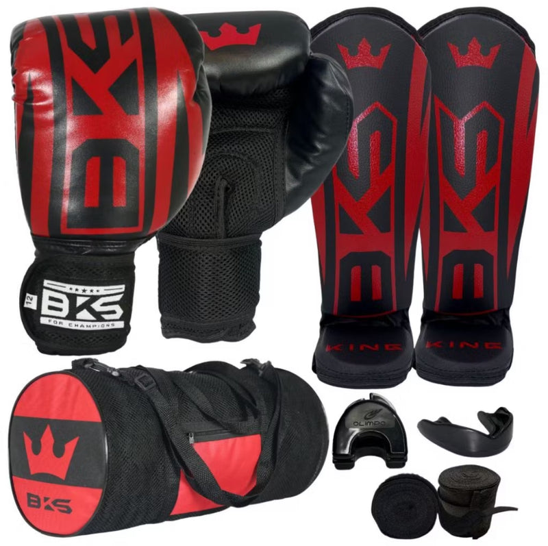 Luva De Boxe Muay Thai Kickboxing + Caneleiras Muay Thai + Bandagens + Bucal + Case + Bolsa KIT BKS