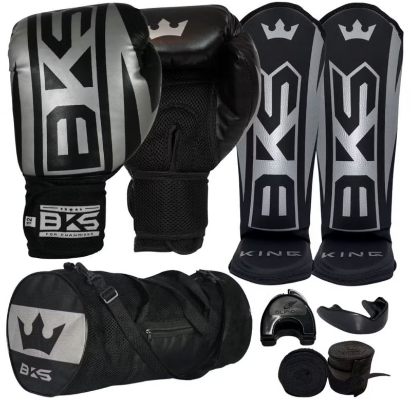 Luva De Boxe Muay Thai Kickboxing + Caneleiras Muay Thai + Bandagens + Bucal + Case + Bolsa KIT BKS