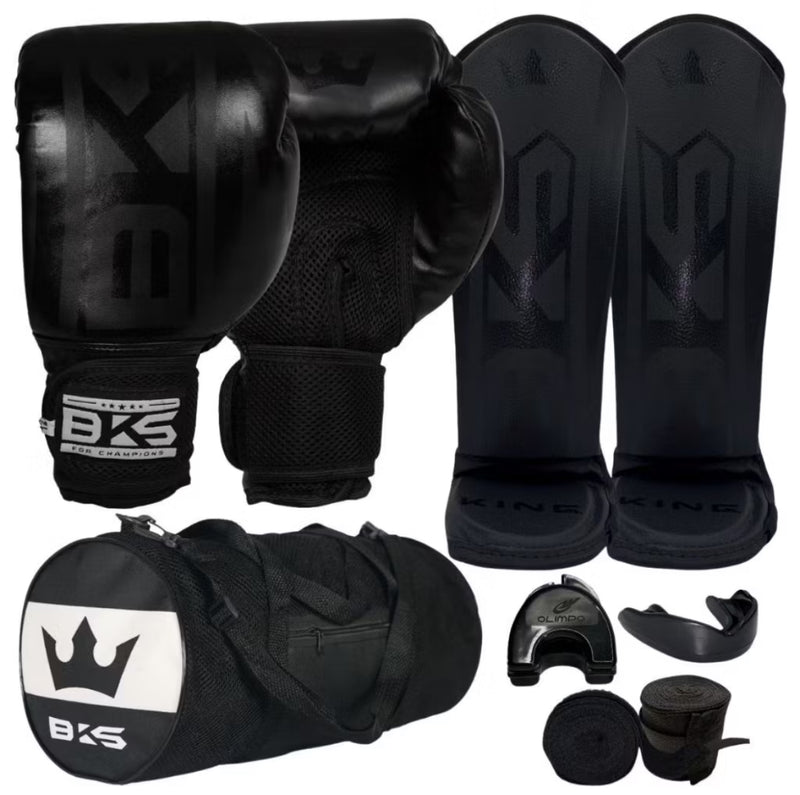 Luva De Boxe Muay Thai Kickboxing + Caneleiras Muay Thai + Bandagens + Bucal + Case + Bolsa KIT BKS