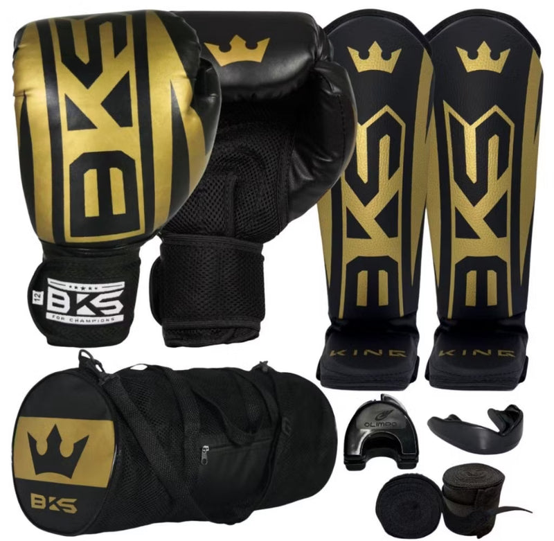 Luva De Boxe Muay Thai Kickboxing + Caneleiras Muay Thai + Bandagens + Bucal + Case + Bolsa KIT BKS
