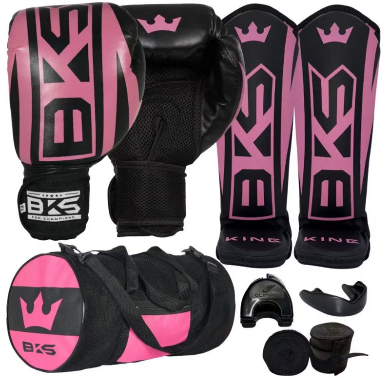 Luva De Boxe Muay Thai Kickboxing + Caneleiras Muay Thai + Bandagens + Bucal + Case + Bolsa KIT BKS